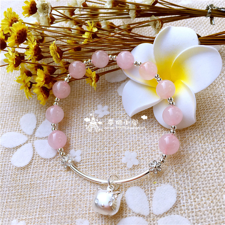 天然粉水晶纯银吊坠旺桃花手串