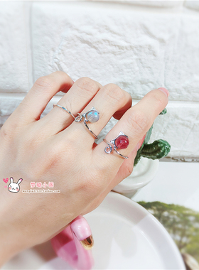 纯银草莓晶月光石甜美风猫咪戒指