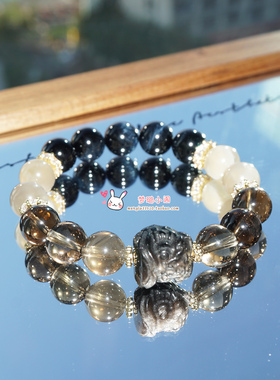 天然水晶黑曜石醒狮茶水晶时尚饰品酷酷手链手串送男女生礼物