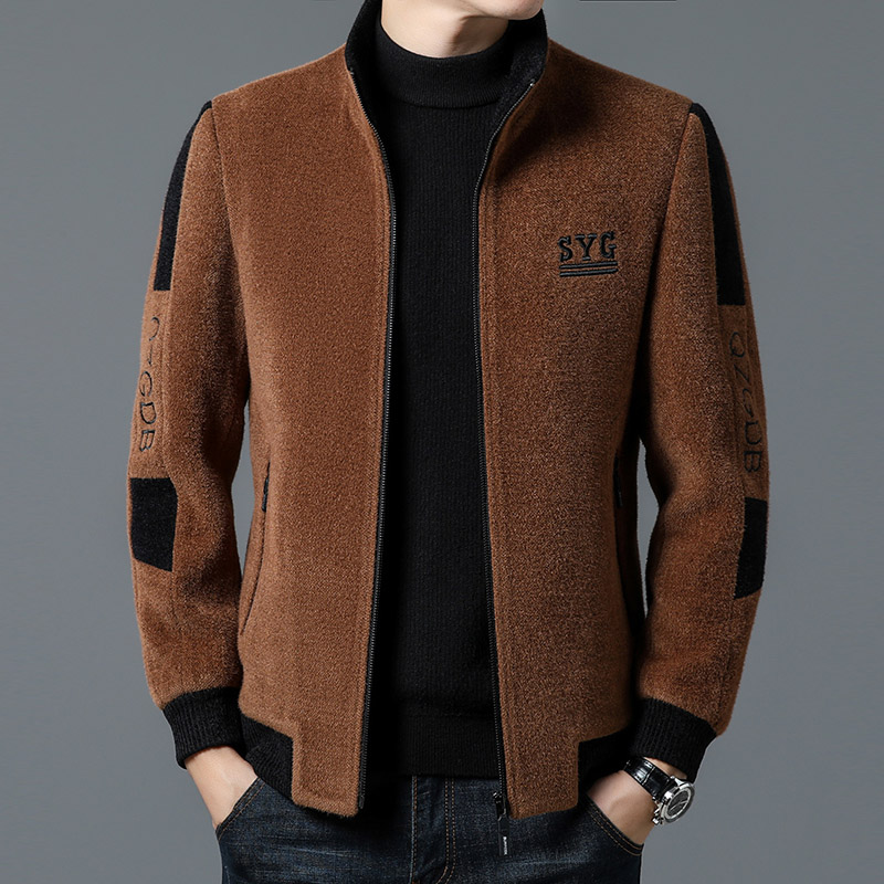高档羊毛外套男秋冬季加棉加厚保暖短款风衣中年休闲立领毛呢夹克