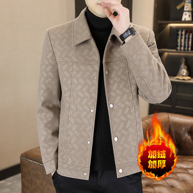 毛呢夹克男秋冬季加绒加厚翻领休闲短款风衣韩版修身提花呢子外套