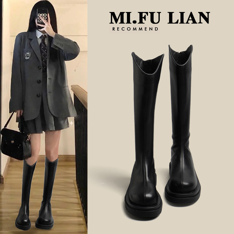 马丁靴女2023新款秋冬加绒长筒靴厚底女靴子高筒骑士靴小个子长靴