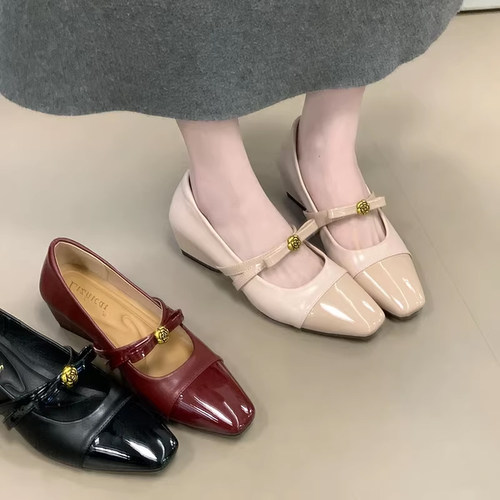 法式复古风内增高方头玛丽珍鞋女