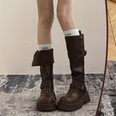 黑色复古英伦风粗跟厚底长筒靴女2025秋冬新款 长靴高筒显瘦骑士靴