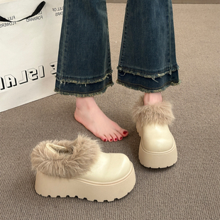 新款 女2025冬季 毛毛保暖雪地靴 加绒加厚棉鞋 皮面防滑防水低帮短款