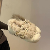 加绒保暖毛毛鞋 单鞋 女外穿2025冬新款 皮带扣内增高浅口芭蕾舞棉鞋