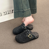 一脚蹬厚底加绒毛毡勃肯鞋 复古呢子包头半拖鞋 女外穿2025秋冬新款