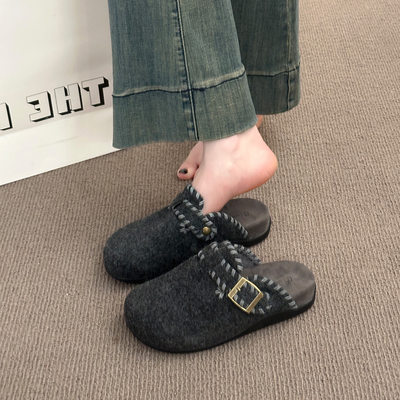 复古呢子包头半拖鞋女外穿2025