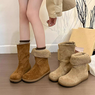 加绒加厚平底中筒靴保暖棉鞋 复古绒面两穿雪地靴女款 2025秋冬新款