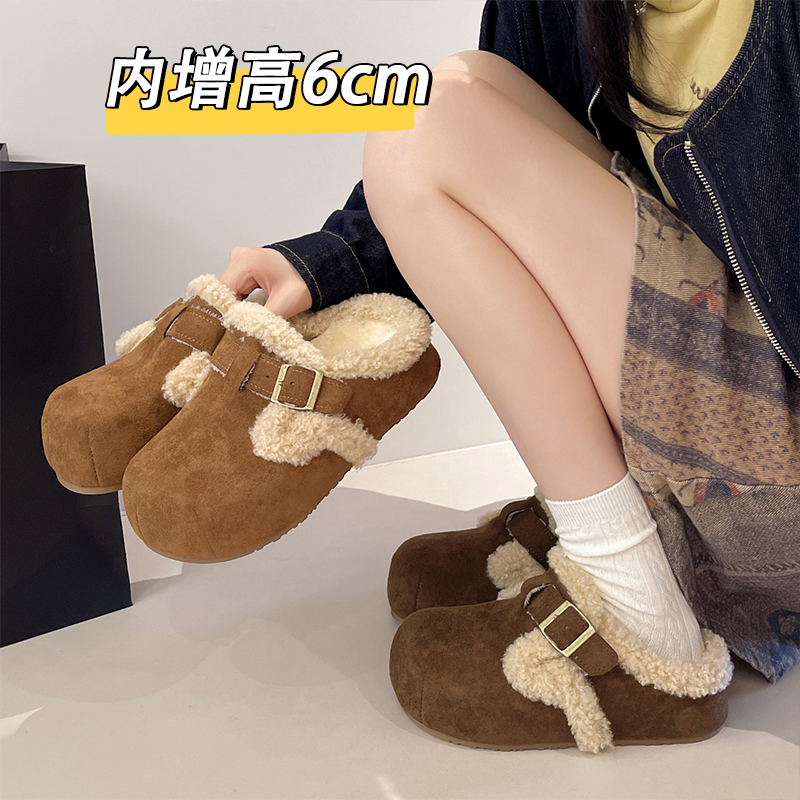 小个子内增高加绒保暖毛毛鞋女2025秋冬新款复古勃肯鞋半拖棉拖鞋