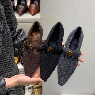 小香风内增高尖头毛呢加绒毛毛鞋女2025秋冬新款法式玛丽珍棉瓢鞋