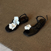 小香风露趾方头山茶花一字带凉鞋 女夏外穿2025新款 低跟平底凉拖鞋