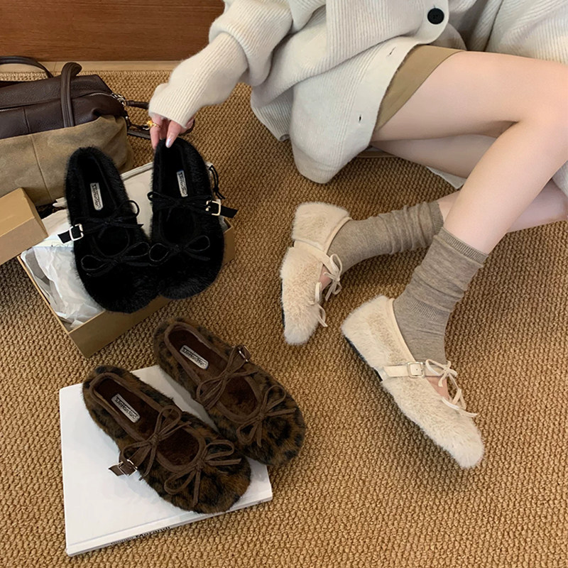 毛绒玛丽珍鞋女2026秋季新款蝴蝶结内增高保暖毛毛鞋加绒毛毡单鞋