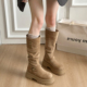 两穿不过膝长筒靴子女2025秋冬新款 厚底绒面粗跟堆堆靴增高骑士靴