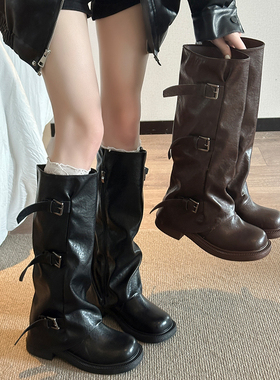 英伦风长筒靴女2025秋冬新款显瘦厚底高筒美拉德堆堆靴裤管骑士靴