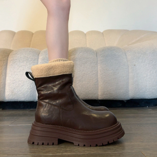 英伦风厚底加绒马丁靴女2025冬季 保暖短靴防滑防水皮面雪地靴 新款