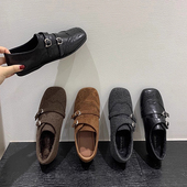 女2025秋冬季 新款 英伦风加绒单鞋 内增高复古方头乐福鞋 黑色小皮鞋