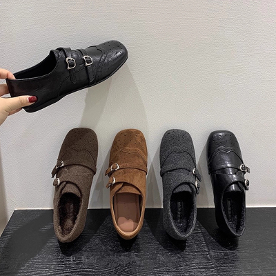 新款英伦风加绒单鞋黑色小皮鞋