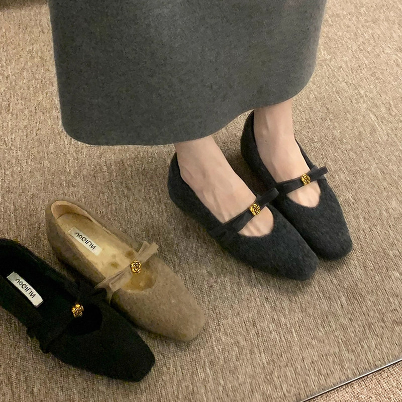 法式小香风毛呢加绒玛丽珍女鞋2025秋冬新款内增高气质浅口单鞋子