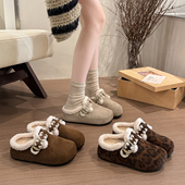 女2025新款 秋冬季 棉鞋 内增高勃肯鞋 子加绒加厚毛绒包头半拖鞋 外穿