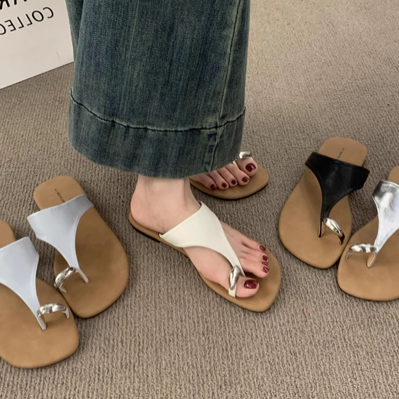 复古度假风夹趾黑色凉拖鞋女外穿