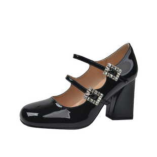 法式水钻方头玛丽珍高跟鞋女2026春季新款漆皮气质粗跟单鞋小皮鞋