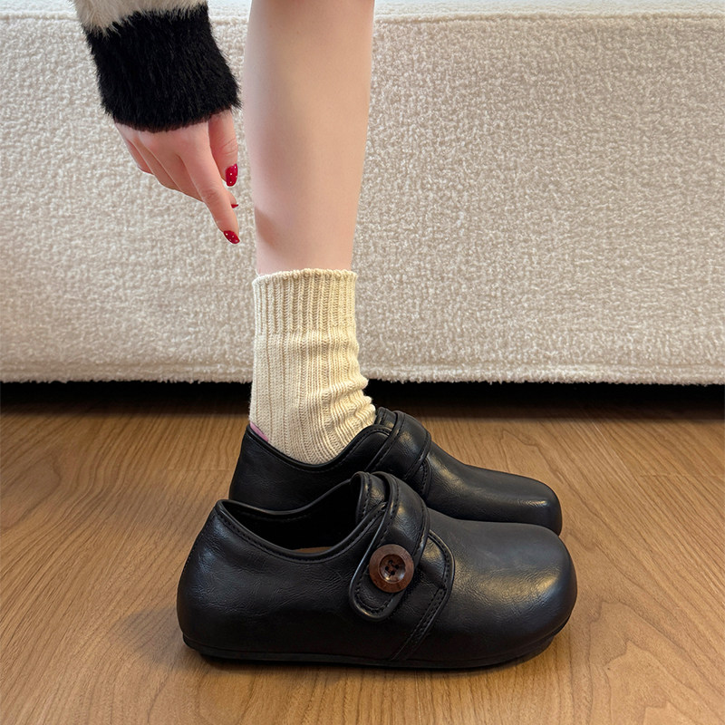 复古厚底皮面勃肯鞋女2026新款春季魔术贴增高百搭一脚蹬软底单鞋
