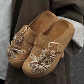 一脚蹬厚底包头半拖穆勒鞋 绝美水钻烟花朵勃肯单鞋 女外穿2026新款