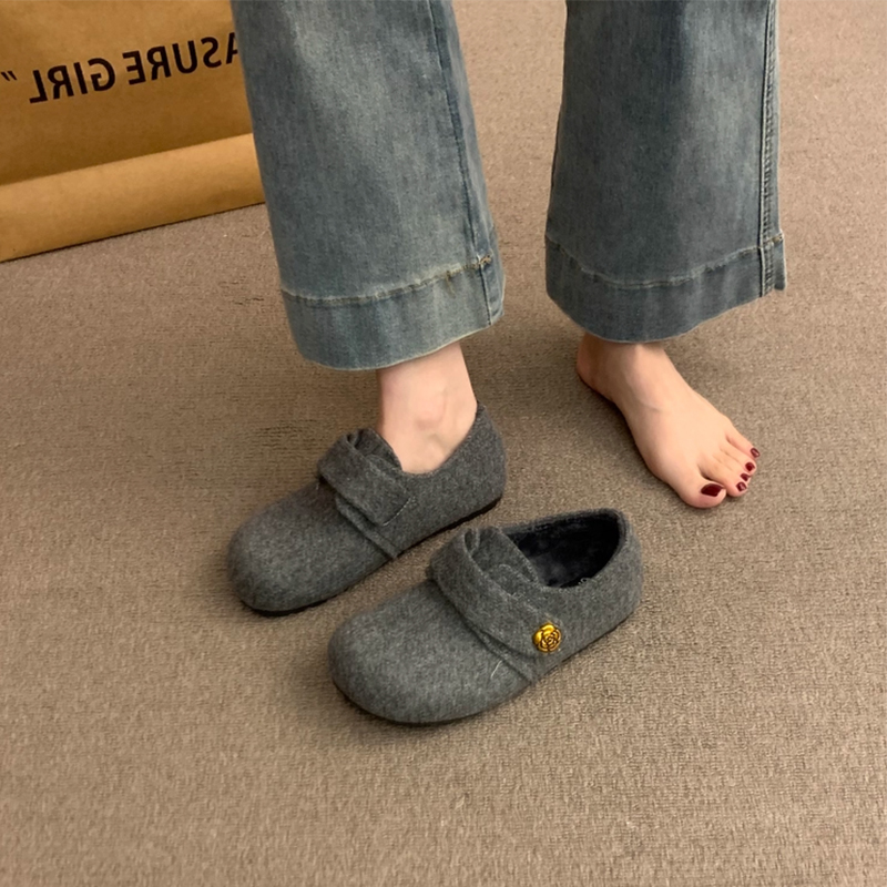 复古魔术贴呢子毛毛鞋女外穿