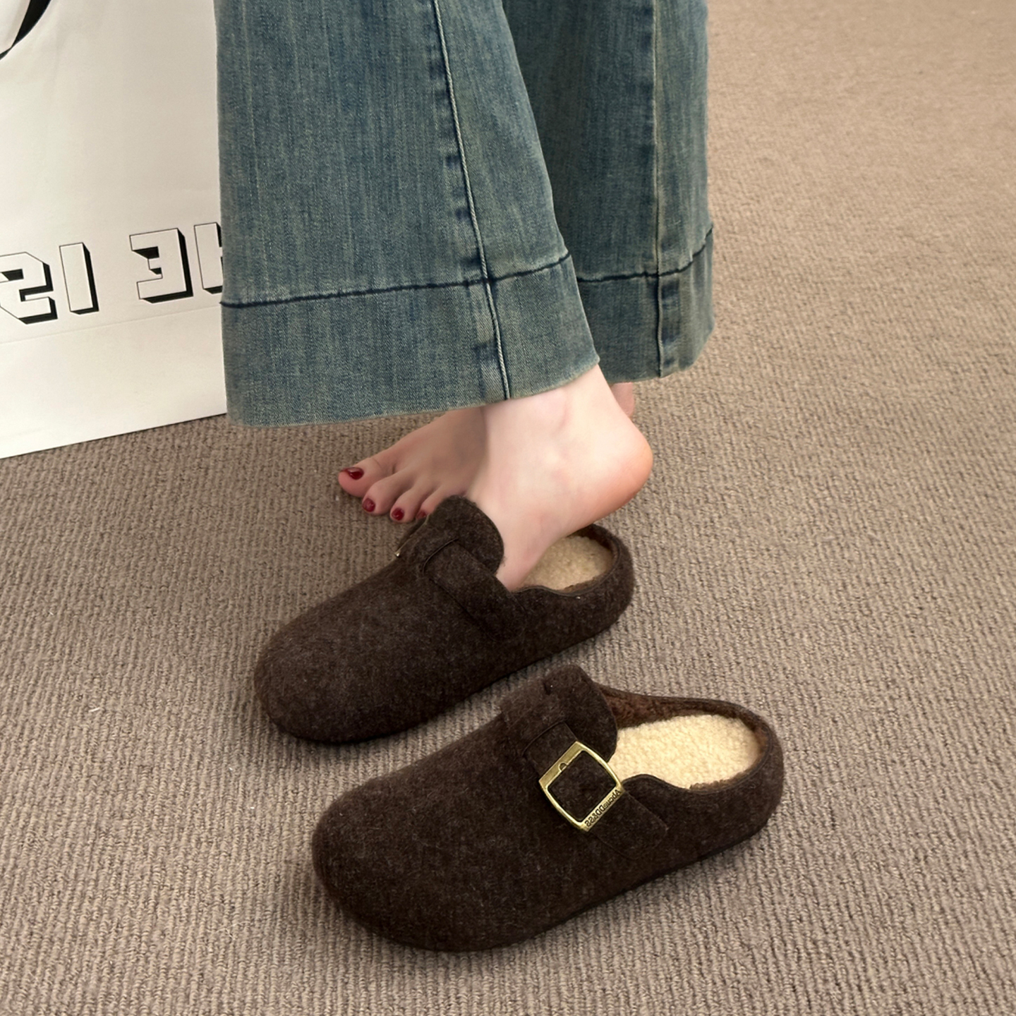 毛呢加绒包头半拖鞋女外穿2025秋