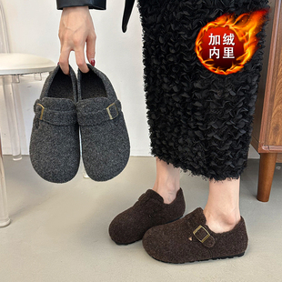 毛呢料内增高一脚蹬加绒保暖勃肯鞋女2026秋冬棉鞋平底灰色毛毛鞋