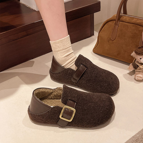 保暖棉鞋灰色呢子毛毛鞋鞋保暖