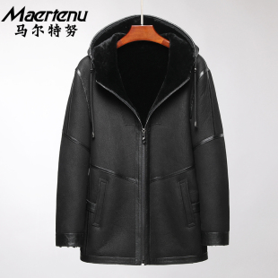 原生态皮毛一体男中长款连帽皮草外套商务休闲款冬季厚款真皮真毛