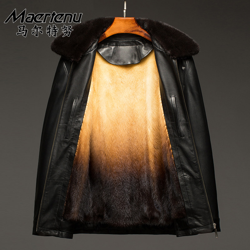 进口貂皮大衣男真皮皮衣黄金貂内胆皮真皮外套御寒水貂领尼克服