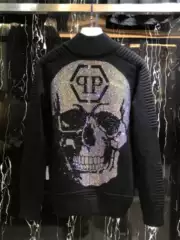 2025 Autumn/Winter European and American Trendy Men's Zipper Biker Sweater Pp Skull Rhinestone Fashion Cardigan Knit Jacket