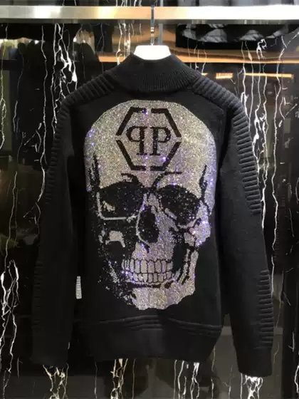 2025 Autumn/Winter European and American Trendy Men's Zipper Biker Sweater Pp Skull Rhinestone Fashion Cardigan Knit Jacket