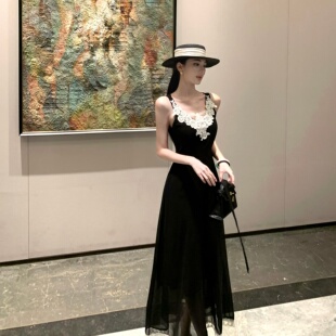 韩系假两件黑色蕾丝吊带连衣裙子女夏季杨超越同款绝美不撞款长裙