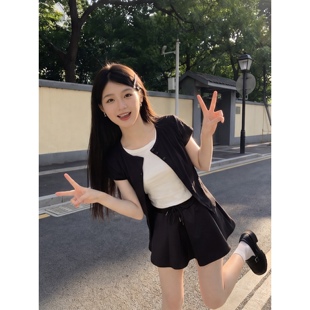 实拍有货 随心裁不规则假两件撞色短袖t恤女夏季减龄上衣设计感小