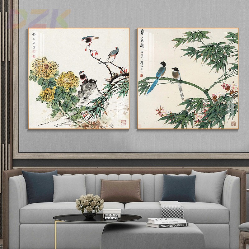 现代轻奢花鸟国画壁画客厅沙发背景墙装饰画玄关书房卧室晶瓷挂.7图片