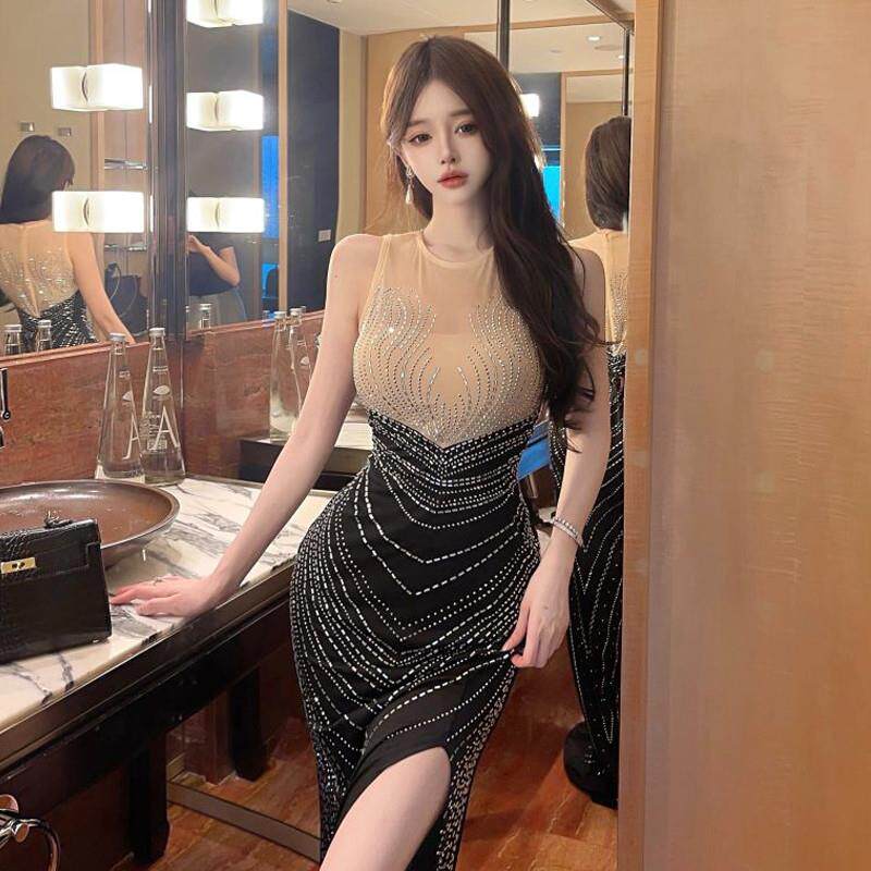 欧美风辣妹重工烫钻高级感礼服裙性感开叉修身显瘦包臀气质连衣裙