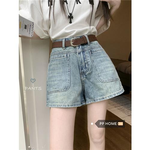 PPHOME复古水洗大口袋牛仔短裤女夏季高腰a字宽松阔腿裤直筒裤子