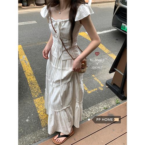 PPHOME~甜美小飞袖系带修身上衣夏季高腰蛋糕半身裙温柔风套装