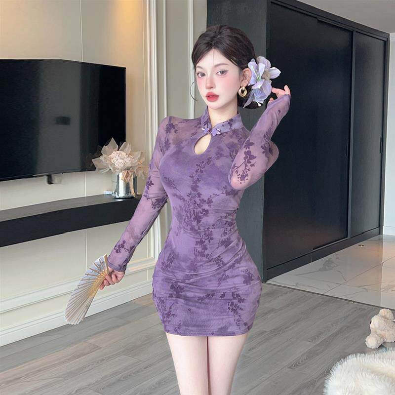 新中式复古性感网纱印花盘扣改良旗袍裙洋气小个子包臀长袖连衣裙