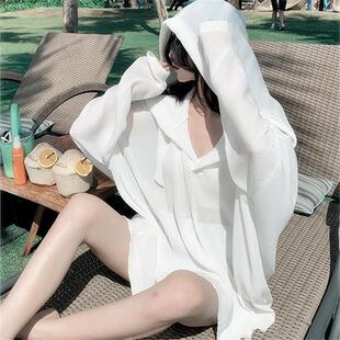 防晒服女秋季薄款大码胖mm中长款罩衫外套冰丝连帽透气压褶上衣