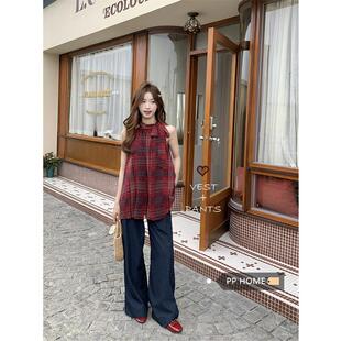 PPHOME复古红色格子蝴蝶结系带挂脖吊带上衣女夏休闲阔腿裤两件套