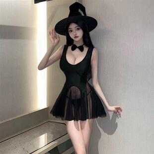 复古辣妹风cos万圣节修女黑色U领无袖收腰短款透视性感背心连衣裙
