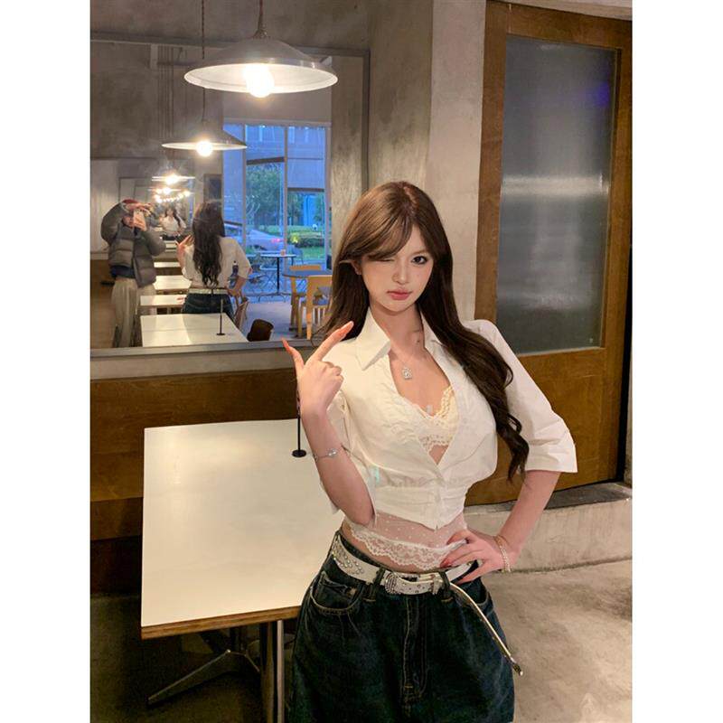 白色polo领半袖短款衬衫女夏季纯欲风套装蕾丝吊带背心叠穿两件套