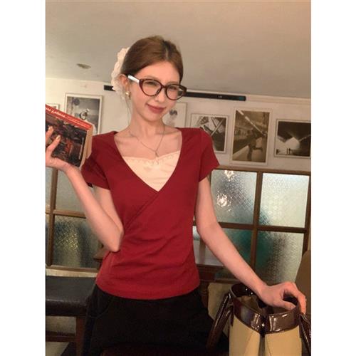 PPHOME气质v领撞色假两件短袖T恤女夏季辣妹修身显瘦正肩纯棉上衣