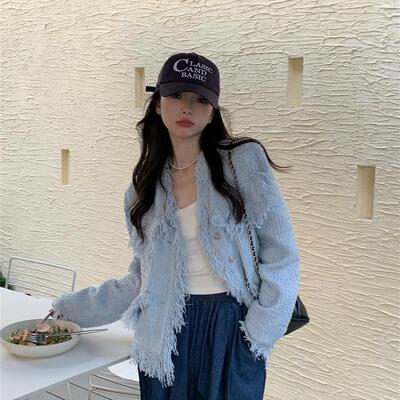 PPHOME小香风流苏短款外套女秋季韩系高级感蓝色开衫气质名媛上衣