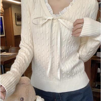 PPHOME 秋季韩版设计感假两件v领麻花长袖安迪绒针织衫打底上衣